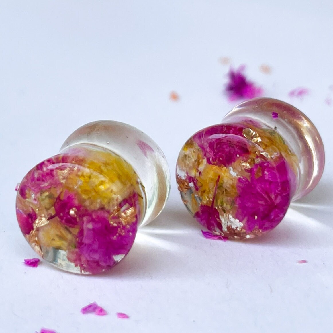 Pink and Yellow flower gauges with gold flakes