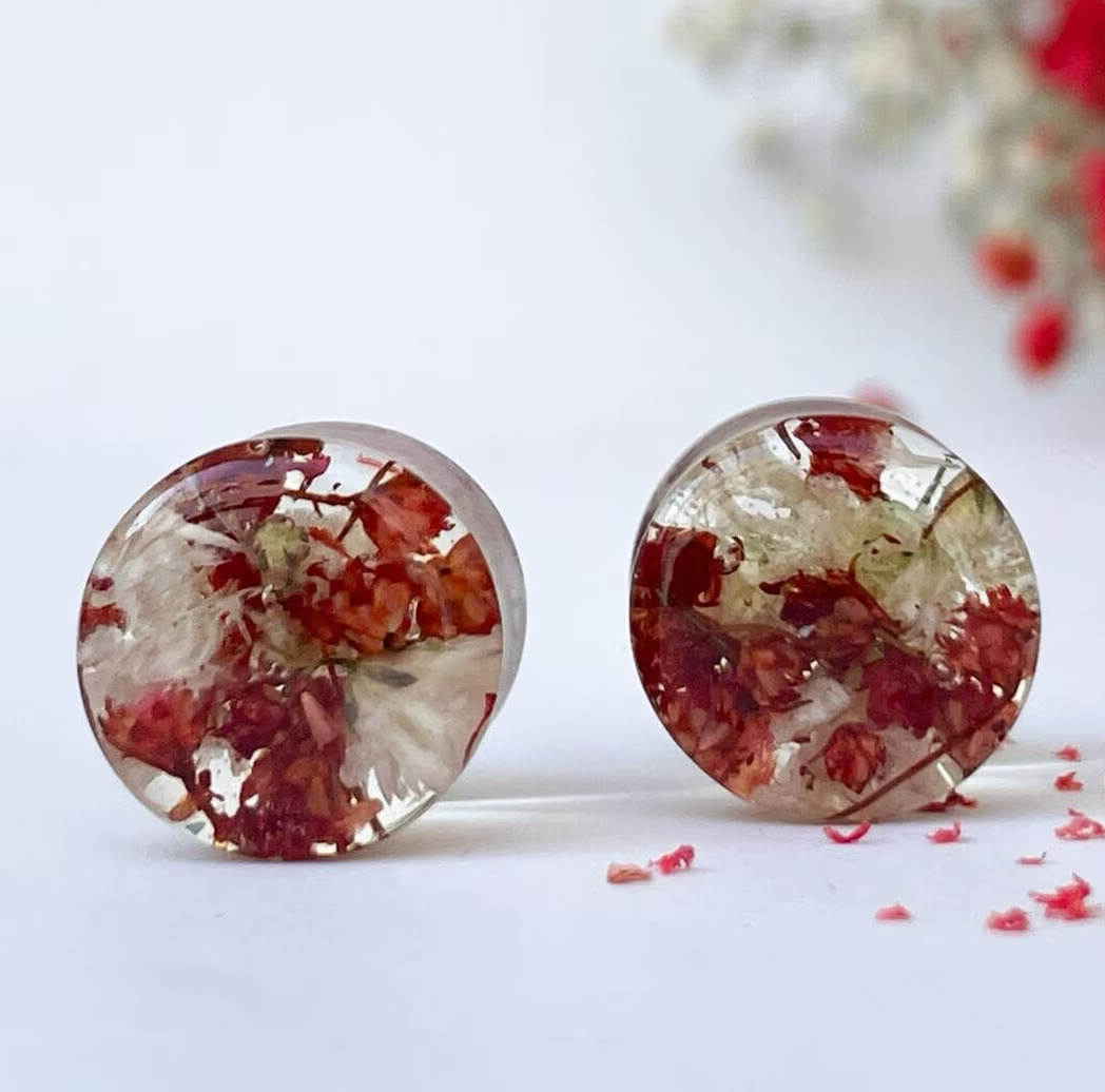 Dark red and White flower ear gauges