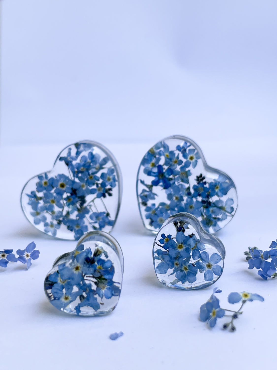 Forget me not transparent flower Heart shaped ear gauges