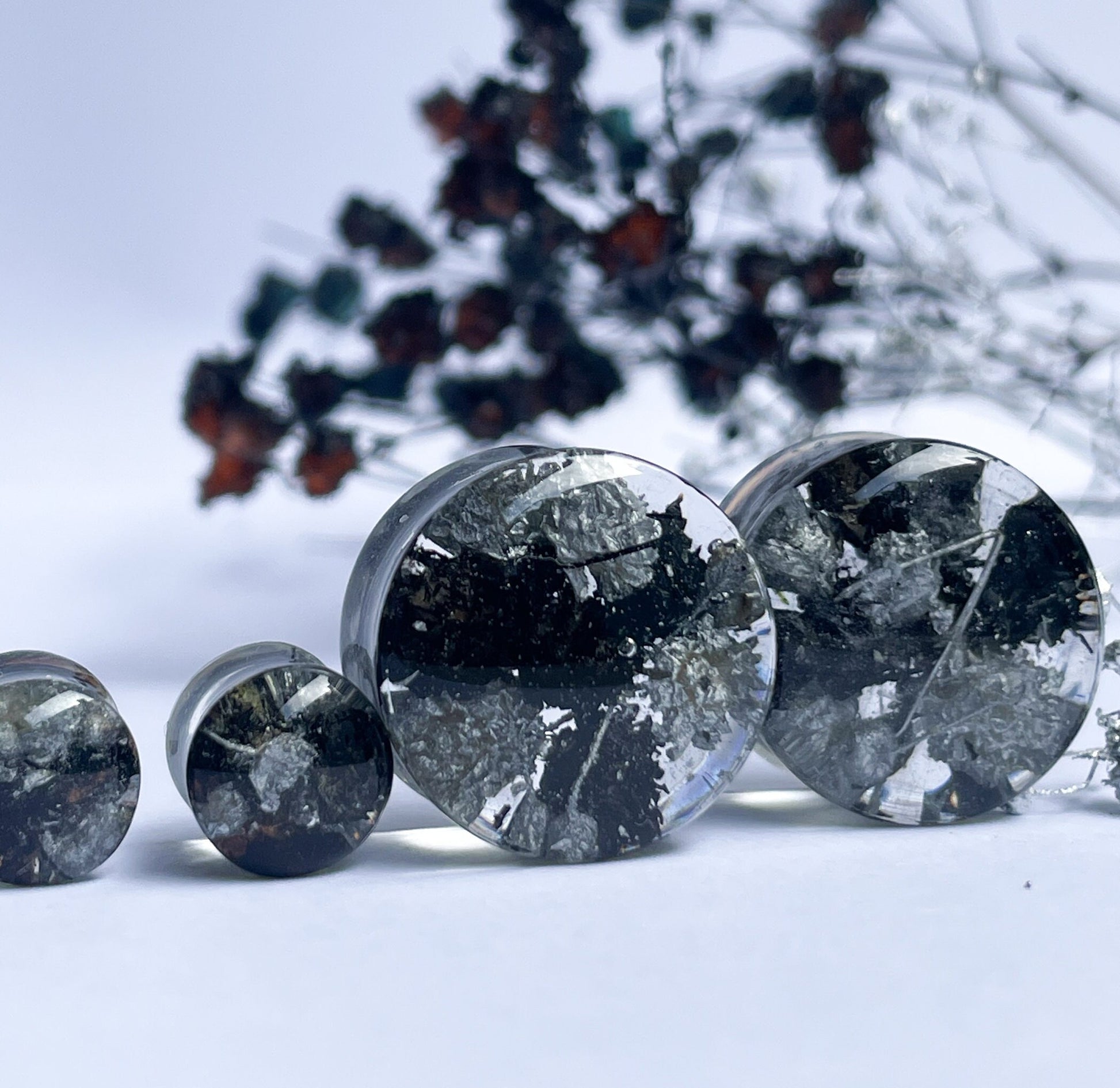 Black and Silver flower ear gauges