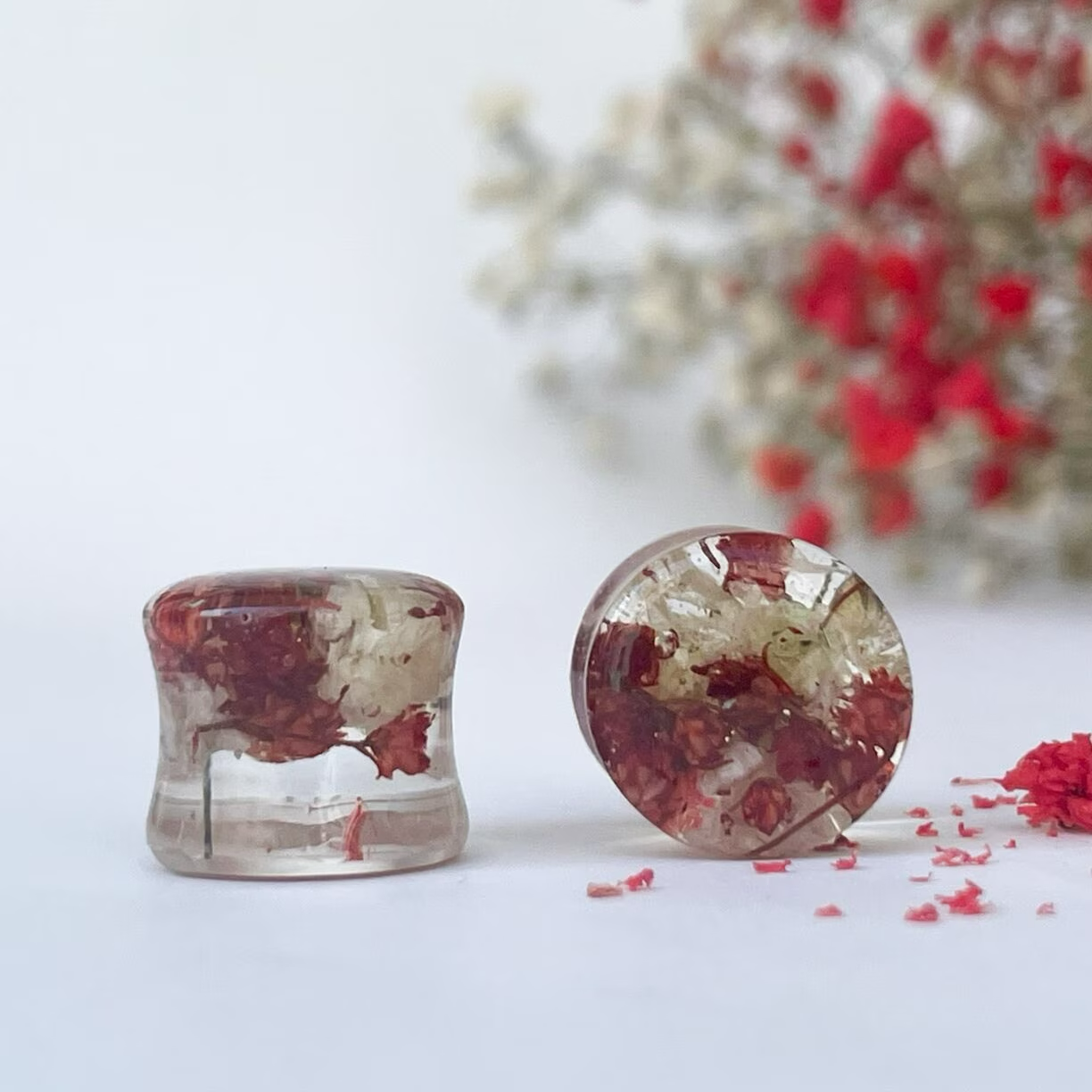 Dark red and White flower ear gauges