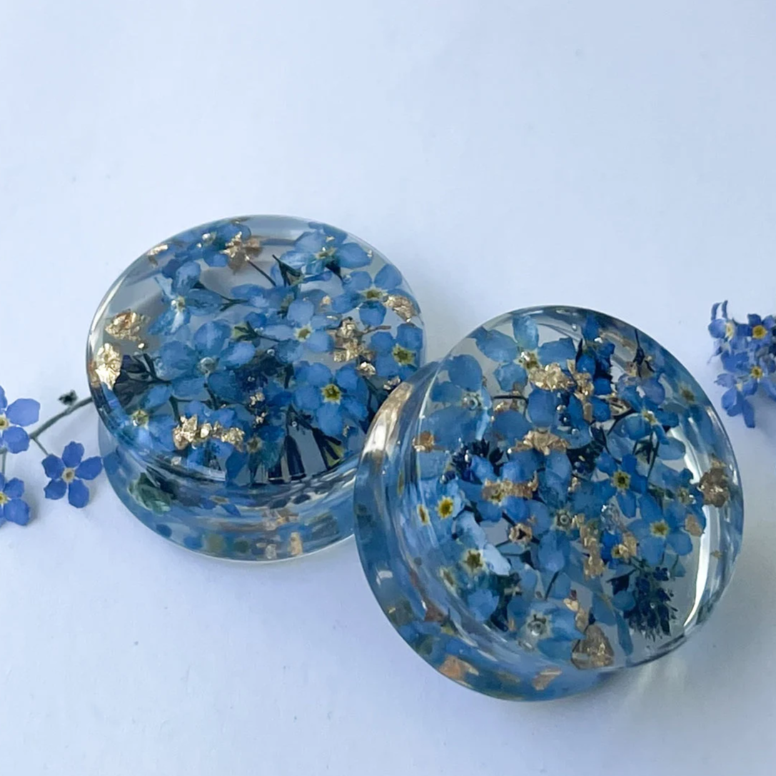 Real Dried forget-me-not flowers ear gauges with gold flakes