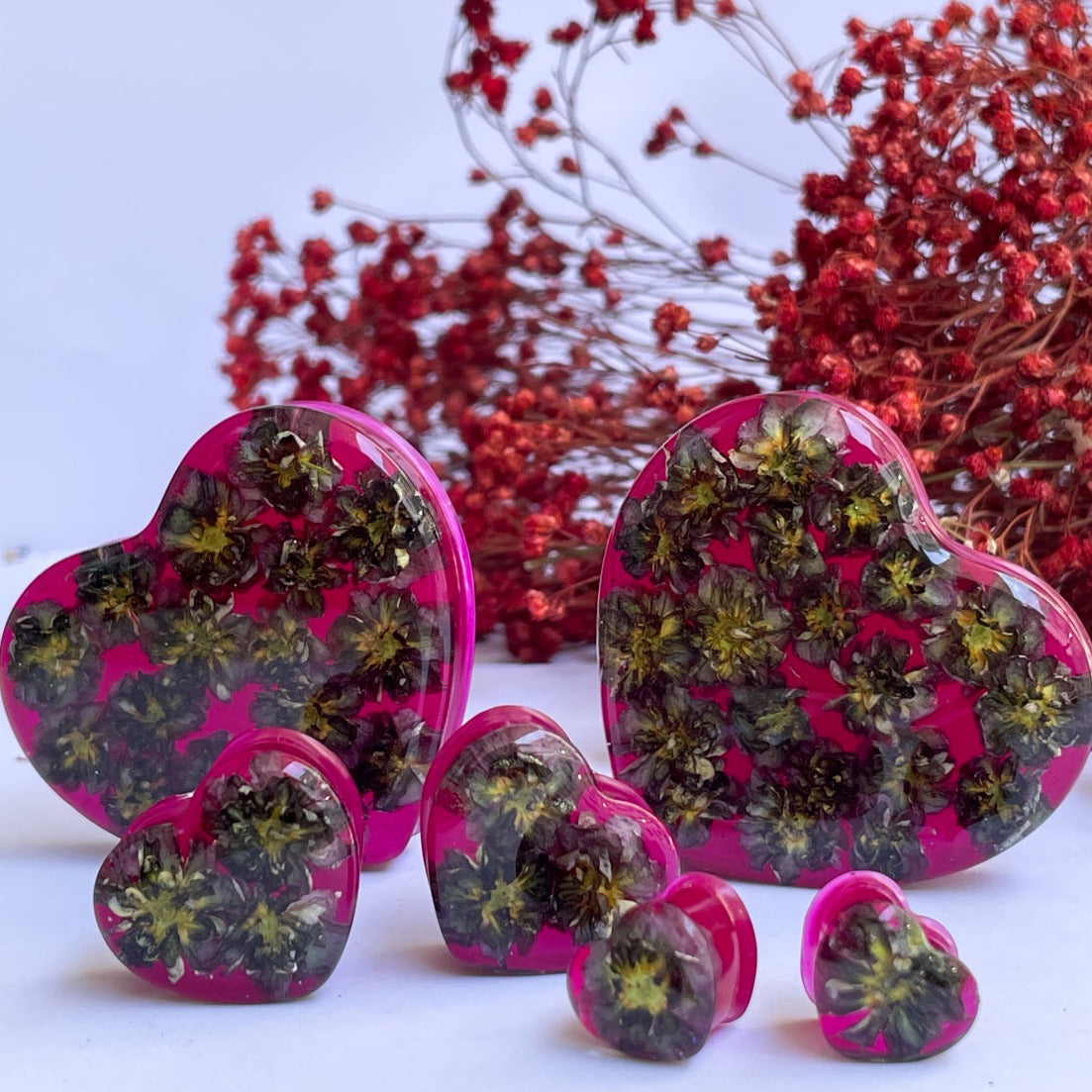 Bright Pink flower heart shape ear gauges