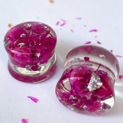 Dark pink flower ear gauges