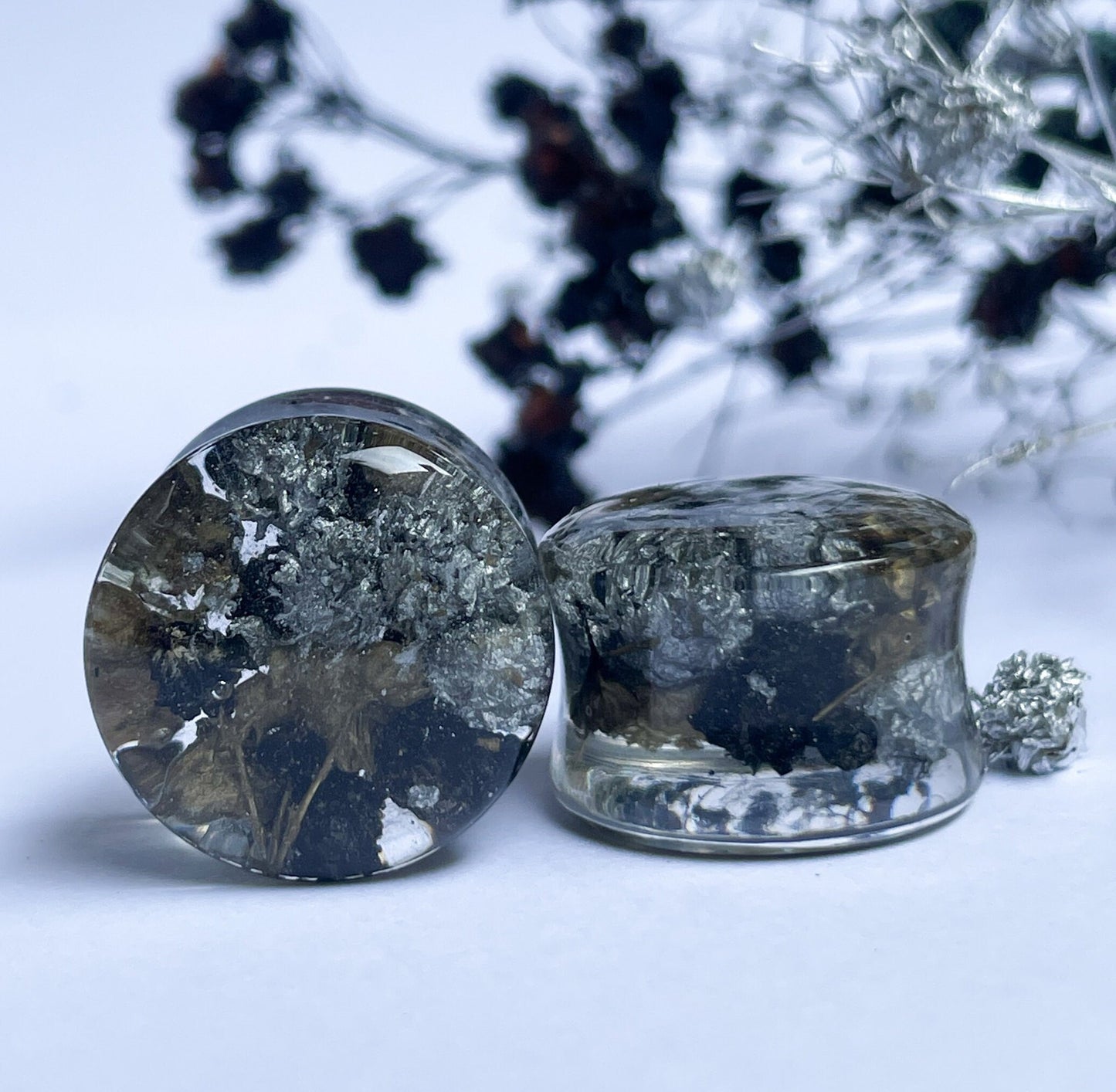 Black, Silver and Gold flower ear gauges