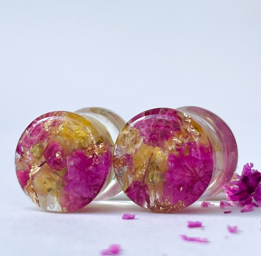 Pink and Yellow flower gauges with gold flakes