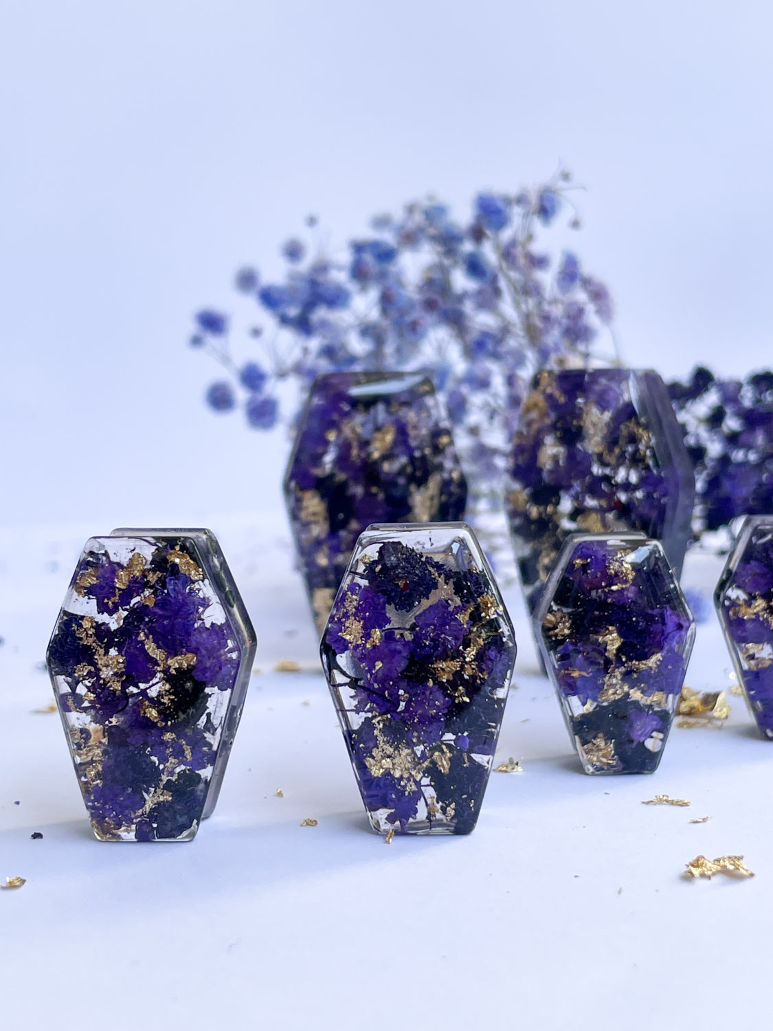 Gold flake and Purple flower coffin shape transparent ear gauges