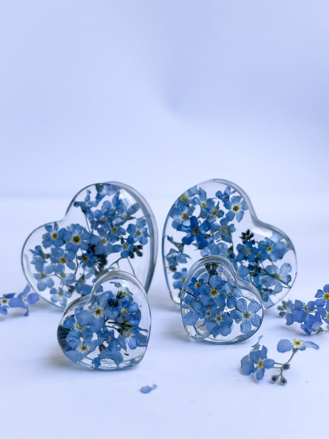 Forget me not transparent flower Heart shaped ear gauges