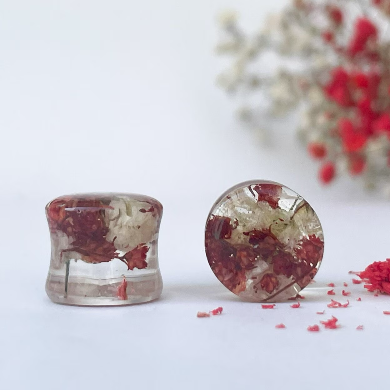 Dark red and White flower ear gauges